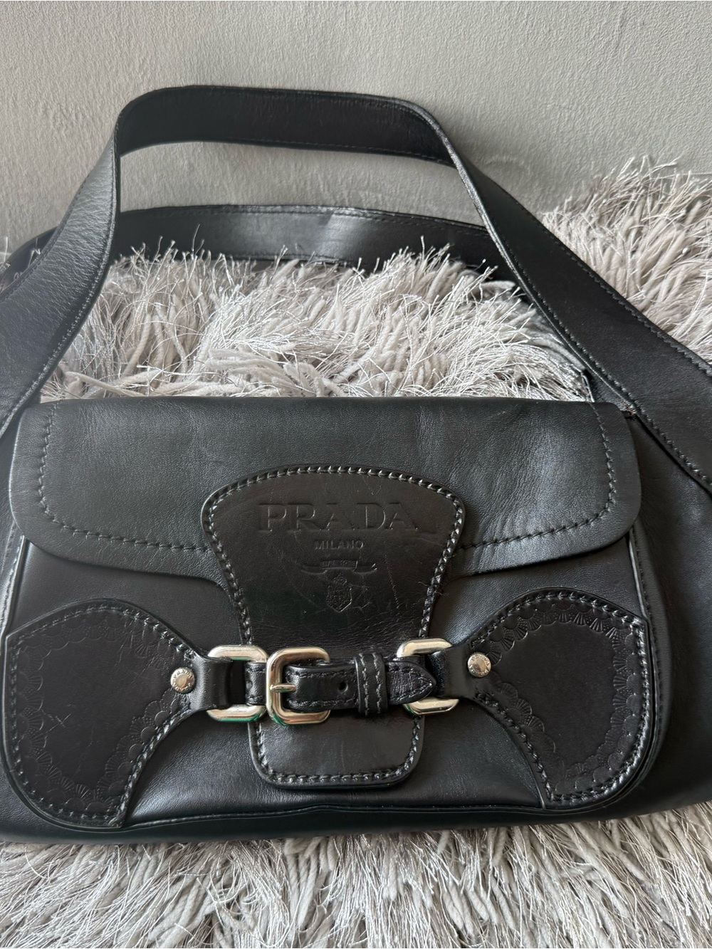 Prada Black Leather Shoulder Bag with Buckle Accent